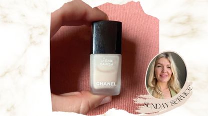 a hand holding chanel la base camelia on a pink backdrop next to an image of beauty editor Fiona McKim smiling