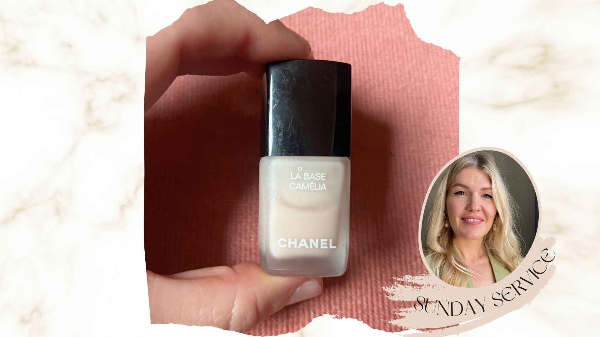 a hand holding chanel la base camelia on a pink backdrop next to an image of beauty editor Fiona McKim smiling