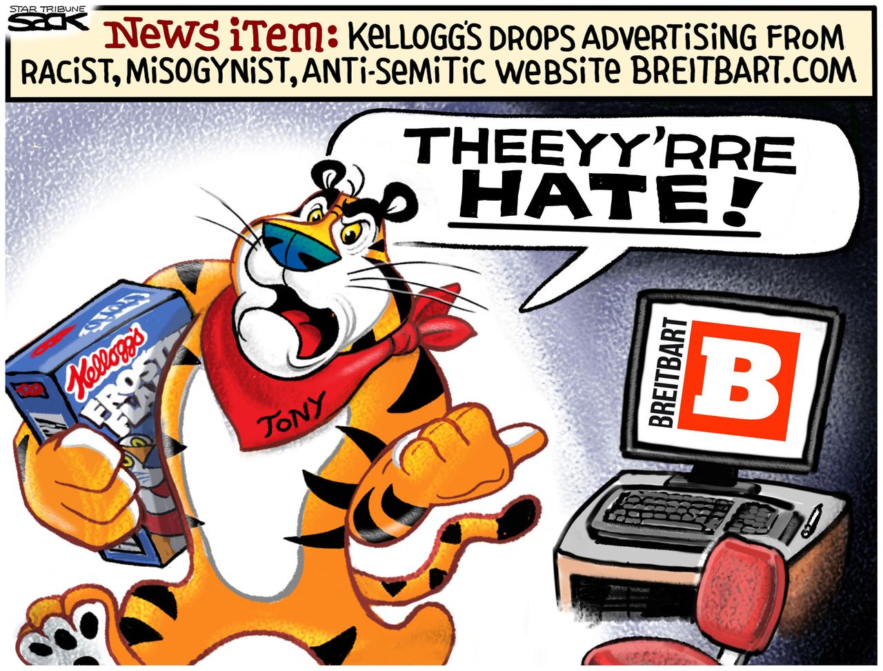 Editorial cartoon U.S. Breitbart news ads Kellogg