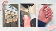 three images side by side, one of townhouse nail salon, one of a nail being painted a creamy white colour using a very slim brush and one of a hand with BIAB nails