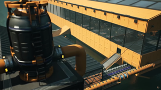 An image of a building from the game Satisfactory, highlighting new roof components in Update 5.