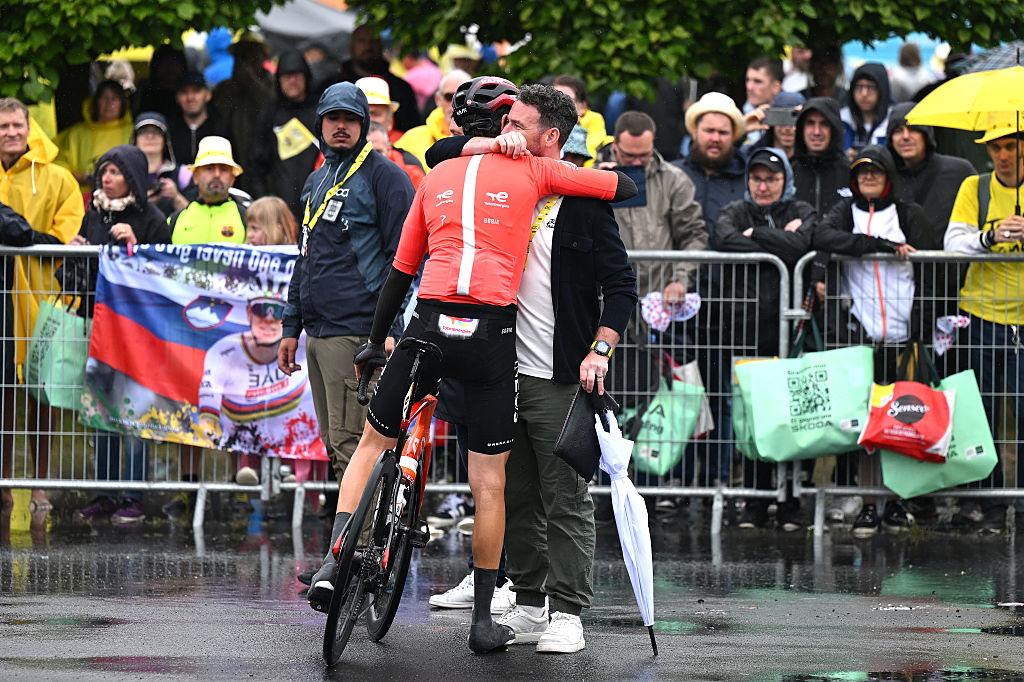 LAUWIN-PLANQUE - JULY 06: (L-R) Geraint Thomas of Great Britain and Team INEOS Grenadiers and ex-professional cyclist, Mark Cavendish of Great Britain prior to the 112th Tour de France 2025, Stage 2 a 209.1km stage from Lauwin-Planque to Boulogne-sur-Mer / #UCIWT / on July 06, 2025 in Lauwin-Planque, France.