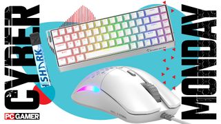 A GK GAMAKAY x NaughShark keyboard and Glorious mouse on a Cyber Monday background