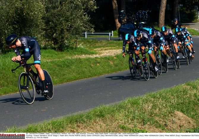 Bradley Wiggins takes a strong pull on the front