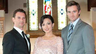 Scott Major (Lucas), Alin Sumarwata (Vanessa), Ben Barber (Rhys) in a church for a wedding