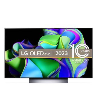 The 48-inch LG C3 OLED TV with green, purple and blue swirls on the screen