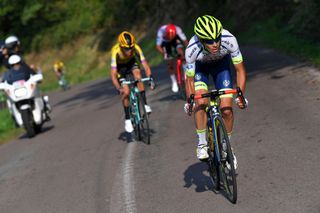 Guillaume Martin attacks during a race in 2019 when he rode for Wanty Groupe Gobert