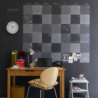 chalkboard wall with family calendar painted on the wall