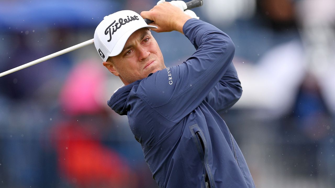 Justin Thomas takes a shot during a practice round before the 151st Open