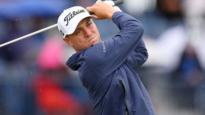 Justin Thomas takes a shot during a practice round before the 151st Open