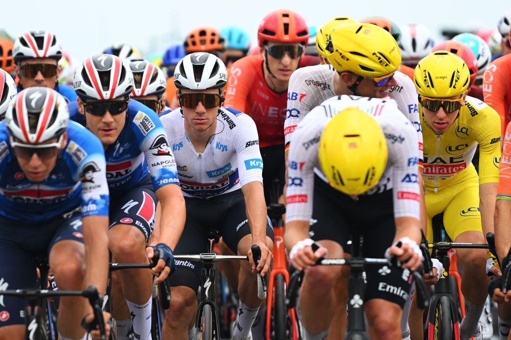 SAINTAMANDMONTROND FRANCE JULY 09 LR Remco Evenepoel of Belgium and Team Soudal QuickStep White Best Young Rider Jersey and Tadej Pogacar of Slovenia and UAE Team Emirates Yellow Leader Jersey compete during the 111th Tour de France 2024 Stage 10 a 1873km stage from Orleans to SaintAmandMontrond UCIWT on July 09 2024 in Orleans France Photo by Dario BelingheriGetty Images