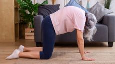 woman sideways to the camera on her hands and knees with spine rounded up and looking down. there's a sofa behind her. she's wearing navy leggings and a pink tshirt.
