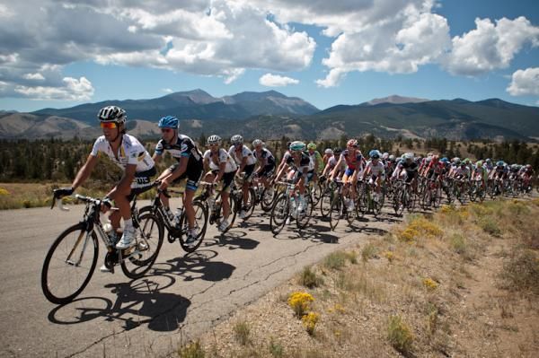 Mountains loom as the race gets rolling in the morning.