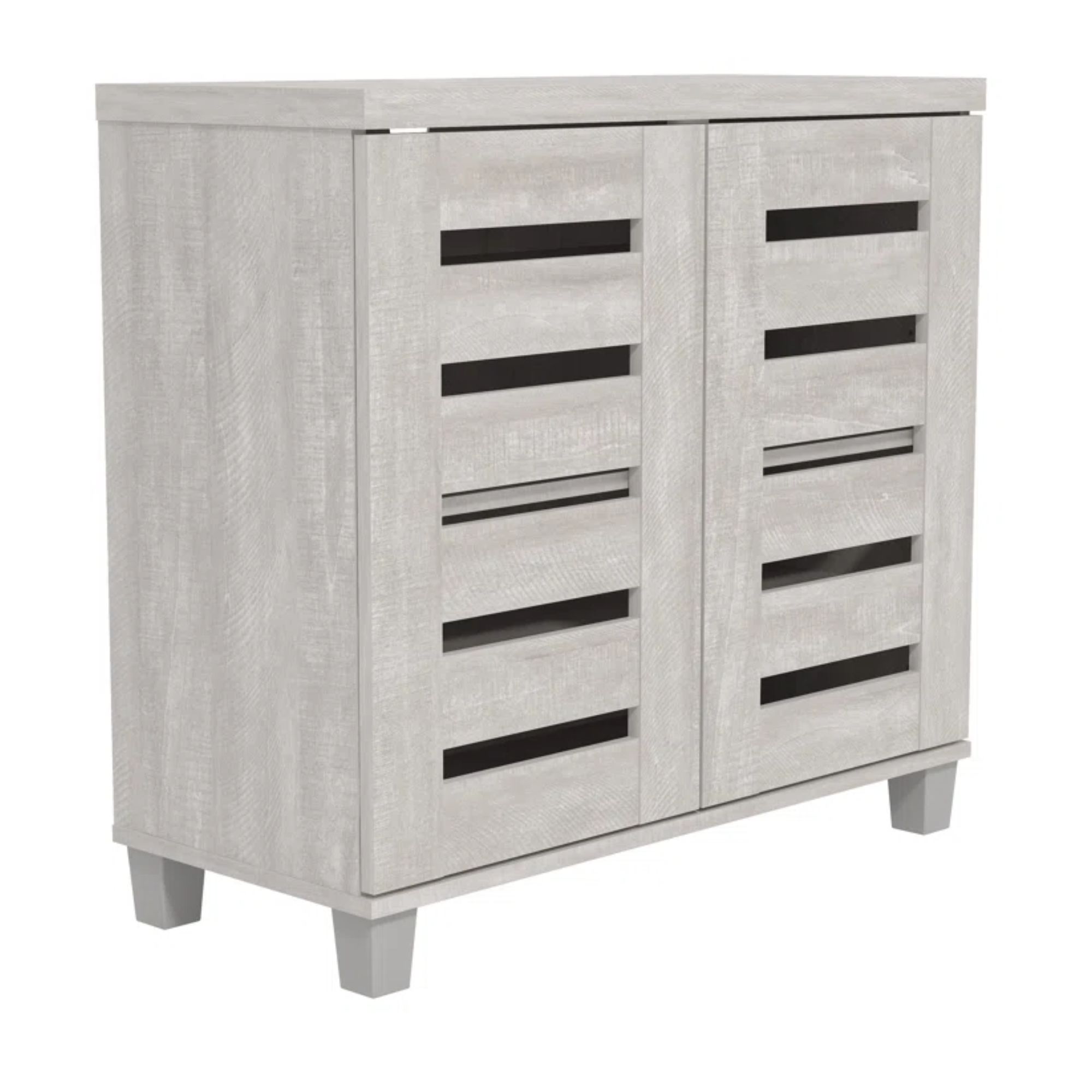 A grey wooden shoe cabinet with slatted doors