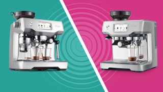 Breville Oracle Touch and Breville Barista Touch coffee machines on teal and pink split background