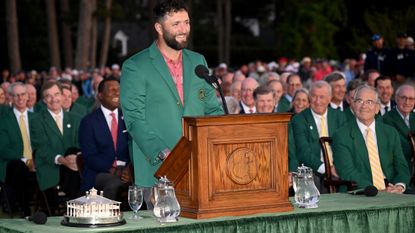 Jon Rahm makes his speech after winning the 2023 edition of The Masters