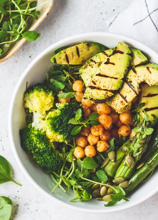 Grilled courgette and avocado Buddha bowl