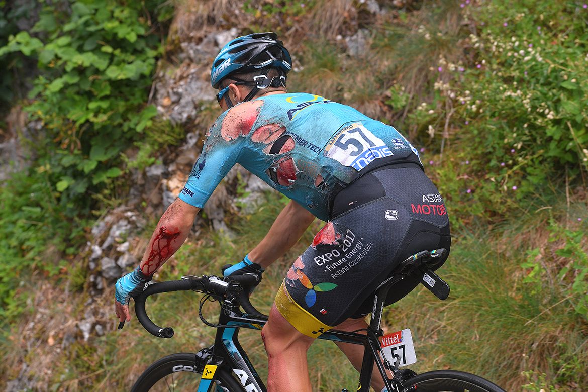 Alexey Lutsenko following a crash on stage 9 of the Tour de France