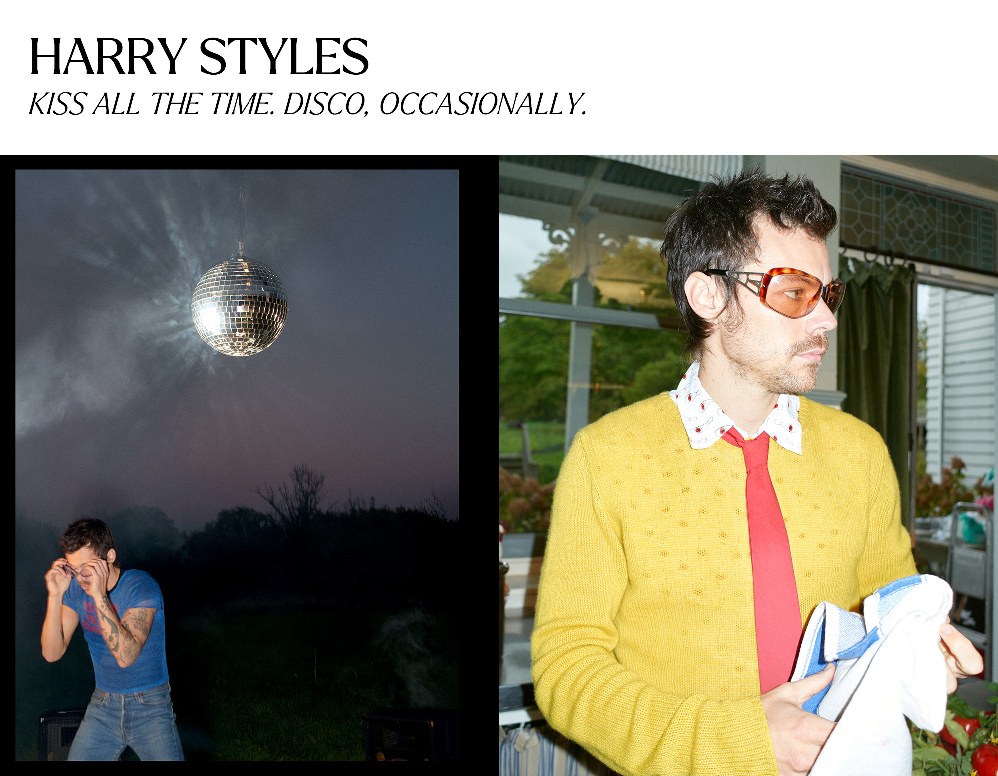 Collage of Harry Styles and the cover of his forthcoming album, Kiss All the Time. Disco, Occasionally.