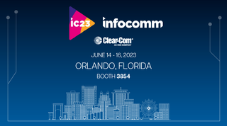 Clear-Com at InfoComm information with the Orlando cityscape.