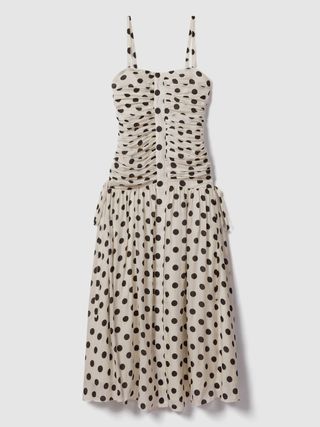 Reiss, Reiss White/black Rue Viscose Linen Polka Dot Ruched Maxi Dress