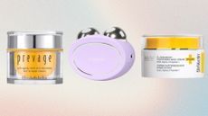 prevage neck cream, the foreo bear 2 in lilac and strivectin neck cram all pictured on a holographic backround