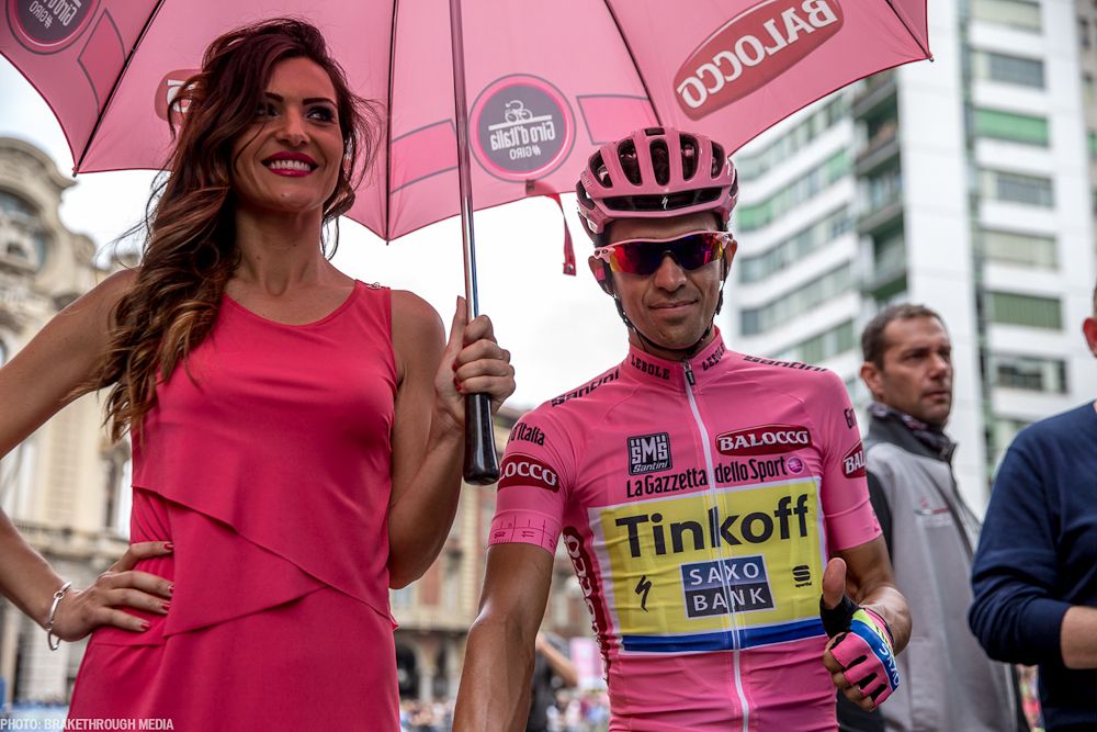 Alberto Contador waits for the start of the final stage.