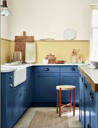 Small kitchen with yellow walls and blue paint u-shaped cabinets