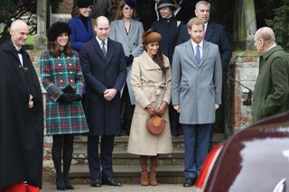 The Royal Family at Sandringham Christmas 2017 leaving church with Meghan Markle, Prince Harry, Prince Philip, Prince William and Kate Middleton