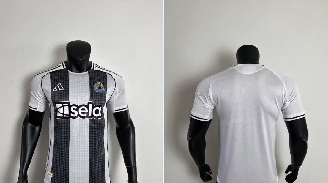 Leaked images of Newcastle United's potential home shirt for 2025/26. Two mannequins with a black and white shirt with tartan sublimation. The reverse of the shirt is all white
