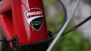 Close up details of the Ducati badge on the Powerstage RR e-MTB
