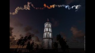 A trail of smoke created by the European Ariane 5 rocket.