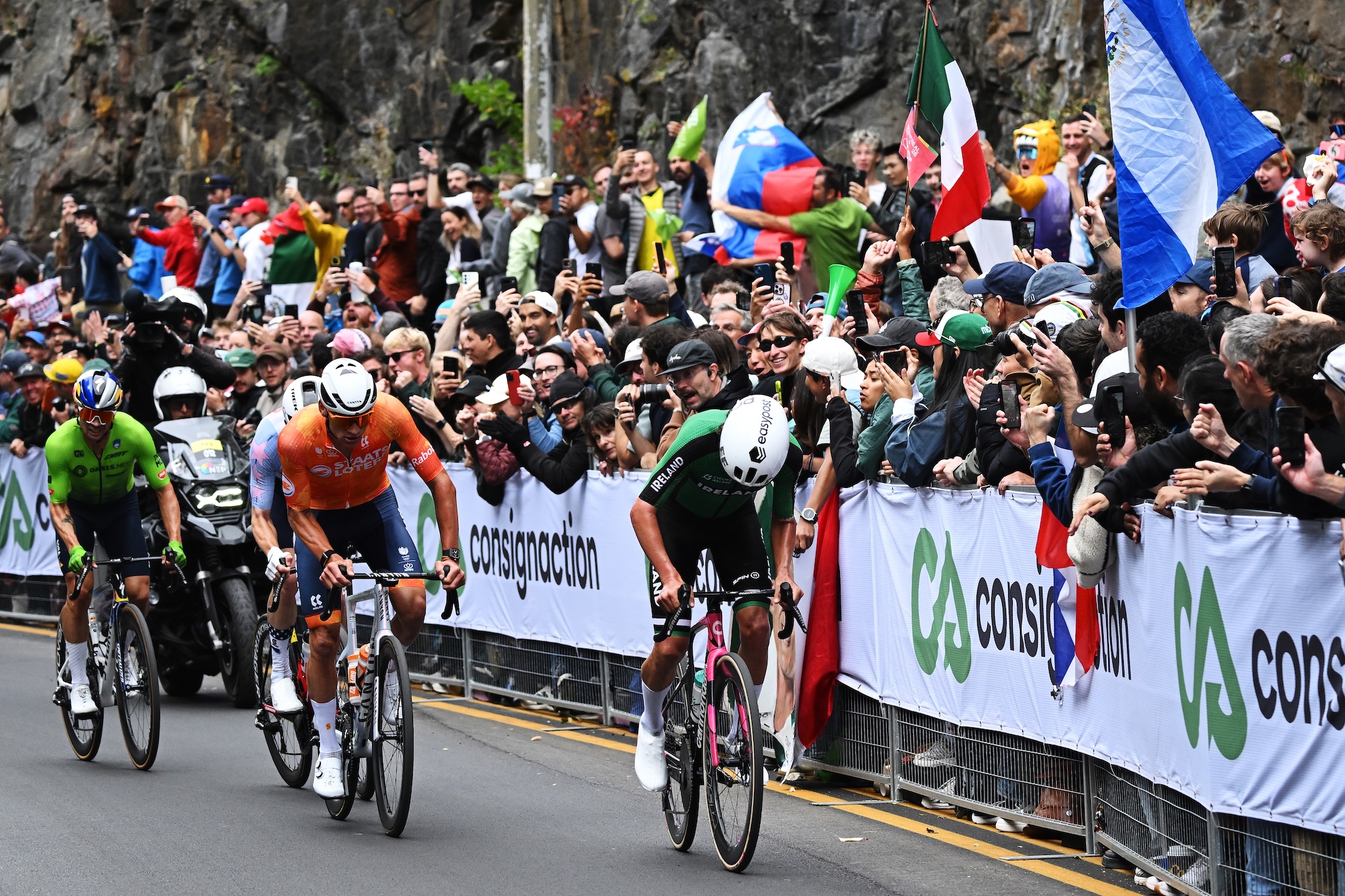 Ben Healy, Mathieu van der Poel and Primoz Roglic at the Montreal Worlds