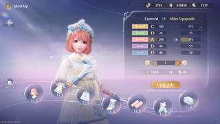 Infinity Nikki - glow up menu showing stat increases for an outfit