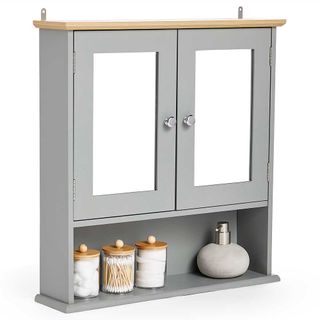 mirrored grey bathroom wall cabinet with shelving