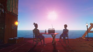 Raft Juicer recipes - two players sit in chairs on a raft looking out at the sea while listening to a radio on the table.