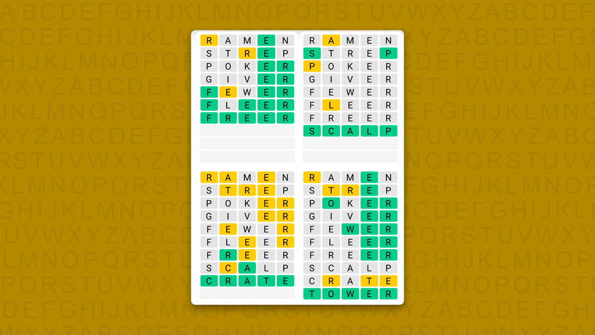 Quordle Daily Sequence answers for game 1727 on a yellow background