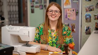 Vicki in a floral blouse for The Great British Sewing Bee 2023