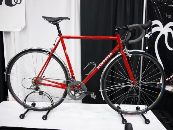 This Hampsten TIG-welded road bike is ready for the wet with its long-reach brake calipers and full fenders.
