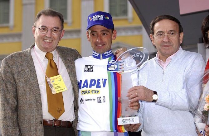 Mapei boss Giorgio Squinzi (left) with overall 2002 UCI World Cup winner Paolo Bettini