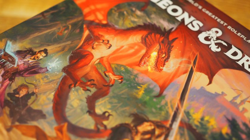 A dragon flies above adventurers in a forested background