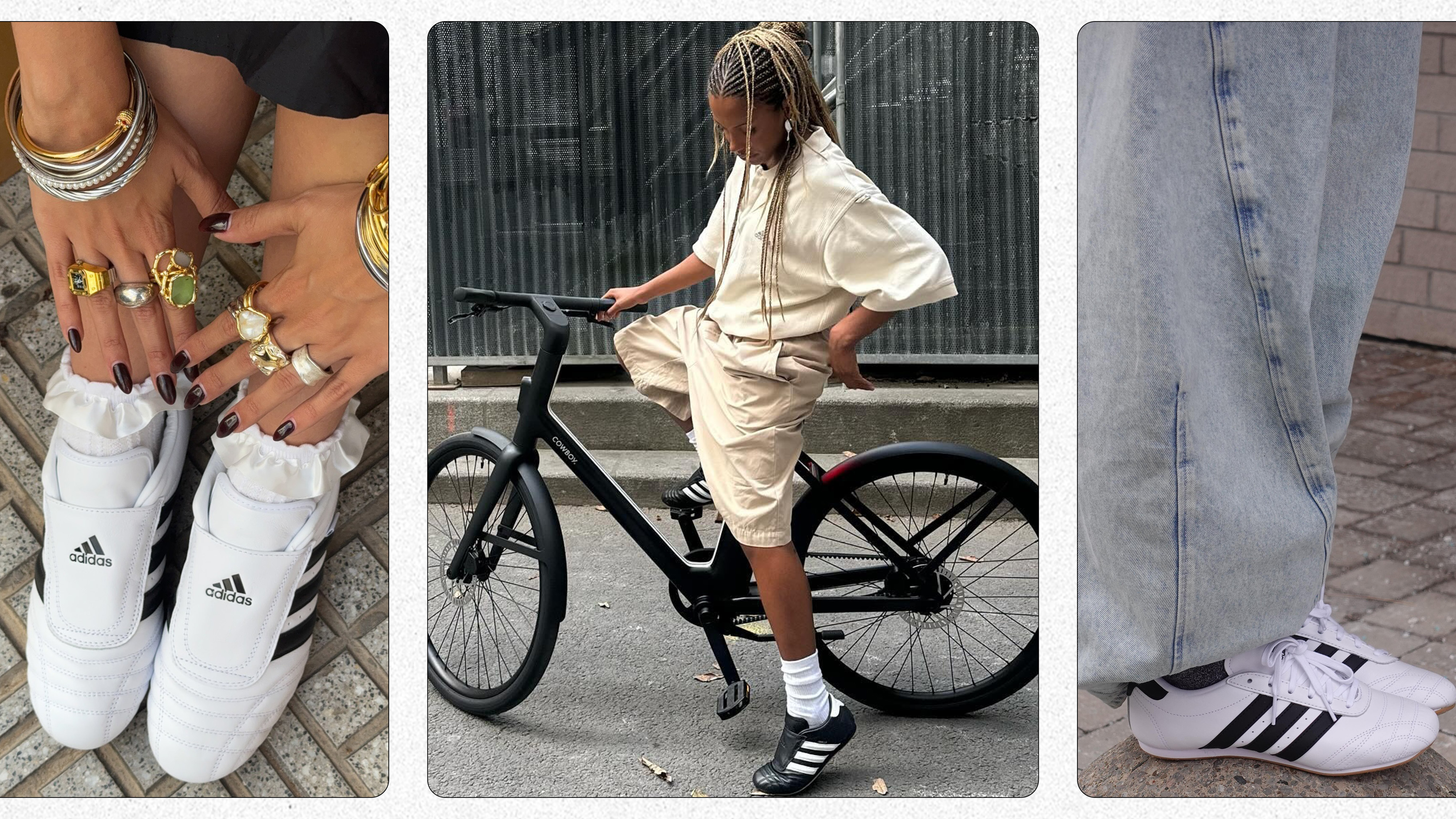 Collage of women wearing Adidas Taekwondo sneaker outfits.