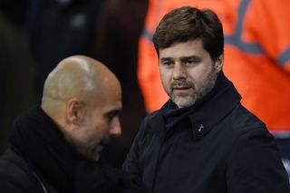 Pep Guardiola and Mauricio Pochettino before a match between Manchester City and Tottenham in December 2017.