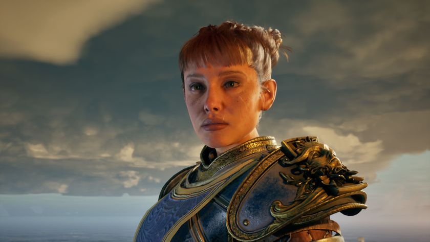 Deorcas Colwall, a human warrior, framed against the clouds