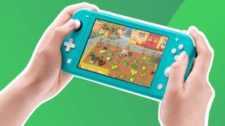 A product shot of the Nintendo Switch on a colourful backgound, with one of the best Nintendo Switch Lite games being played