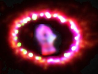 The debris of Supernova 1987A is beginning to impact the surrounding ring, creating powerful shock waves that generate X-rays observed with NASA's Chandra X-ray Observatory. Those X-rays are illuminating the supernova debris and shock heating is making it
