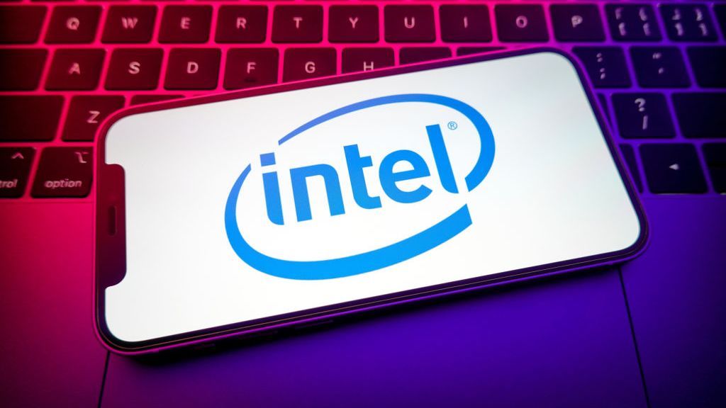 The Intel logo on a smartphone