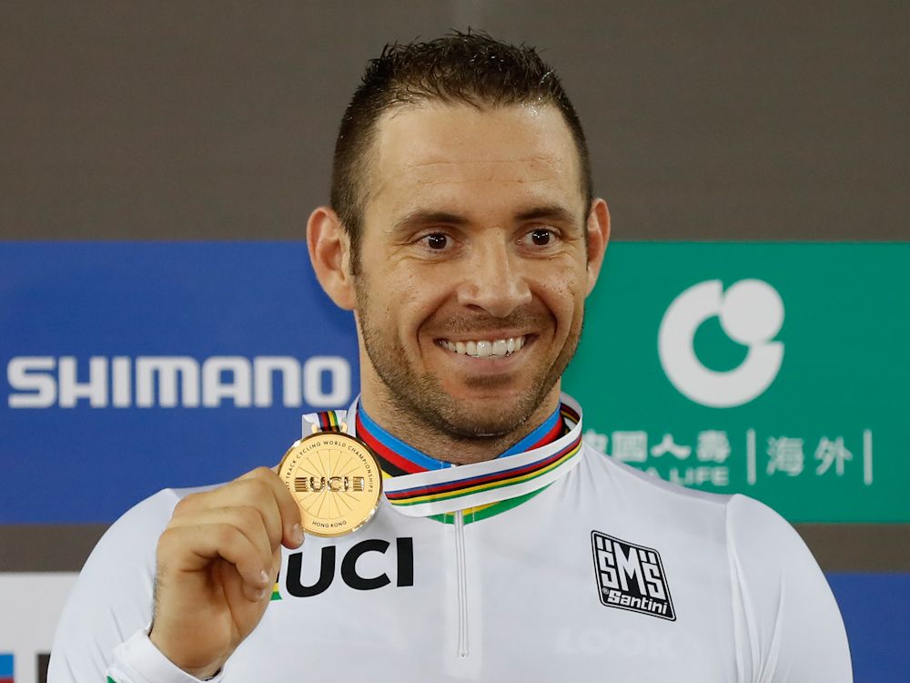 Francois Pervis of France poses with his gold medal after winning Men's 1Km Time Trial Final on Day 5 in 2017 UCI Track Cycling World Championships