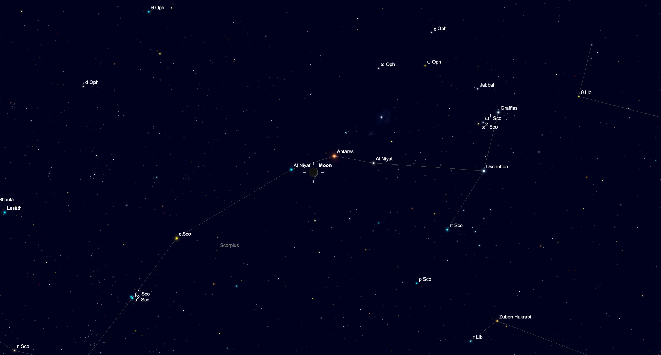 Star chart showing the waxing crescent moon close to the bright star Antares in the constellation Scorpius on Oct. 14.