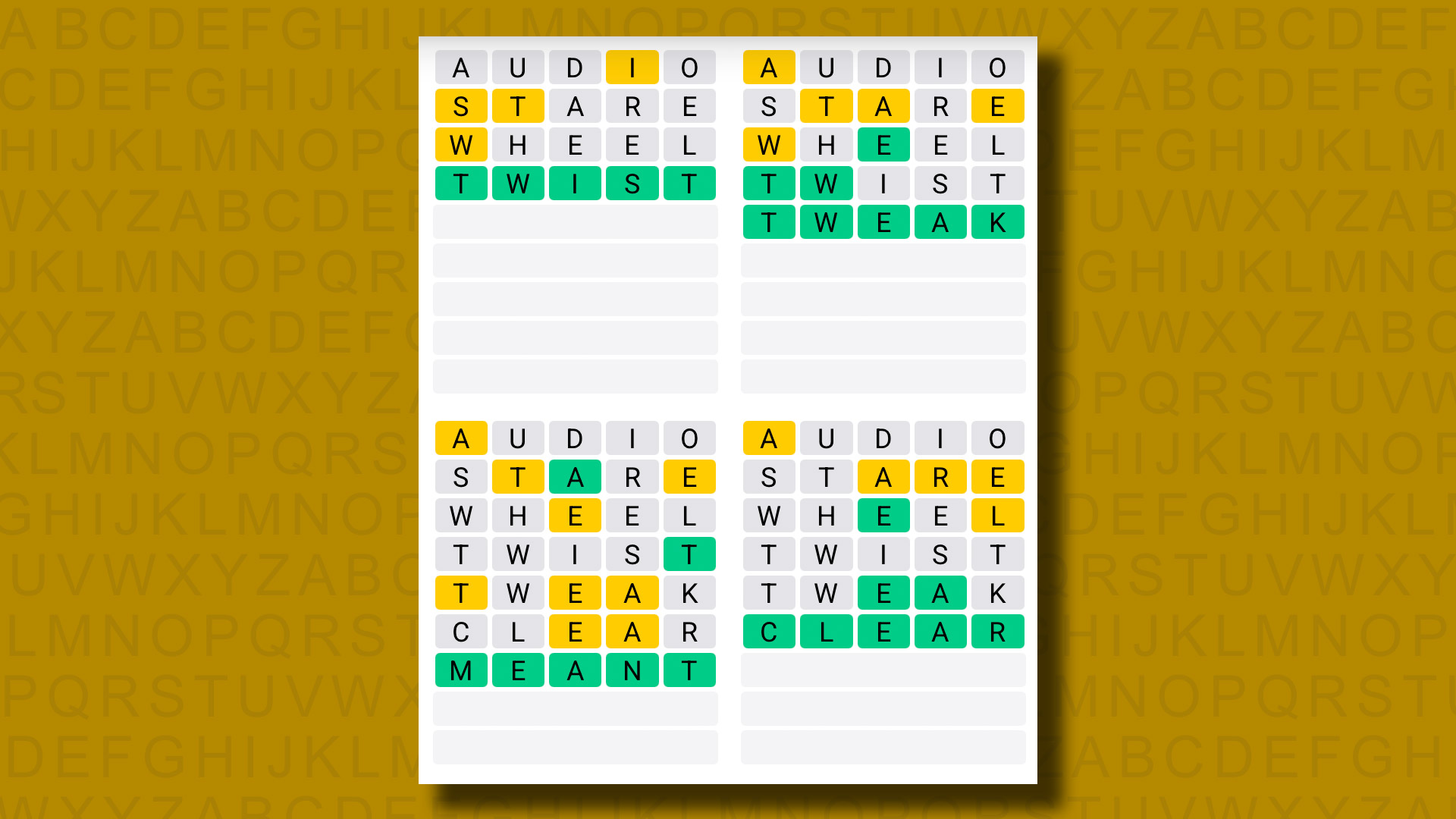 Quordle answers for game 1128 on a yellow background